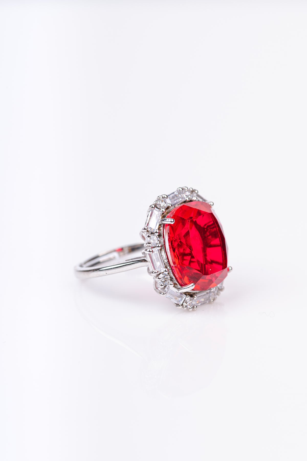 Classic Ruby and White Baguette Sterling Silver Cocktail Ring