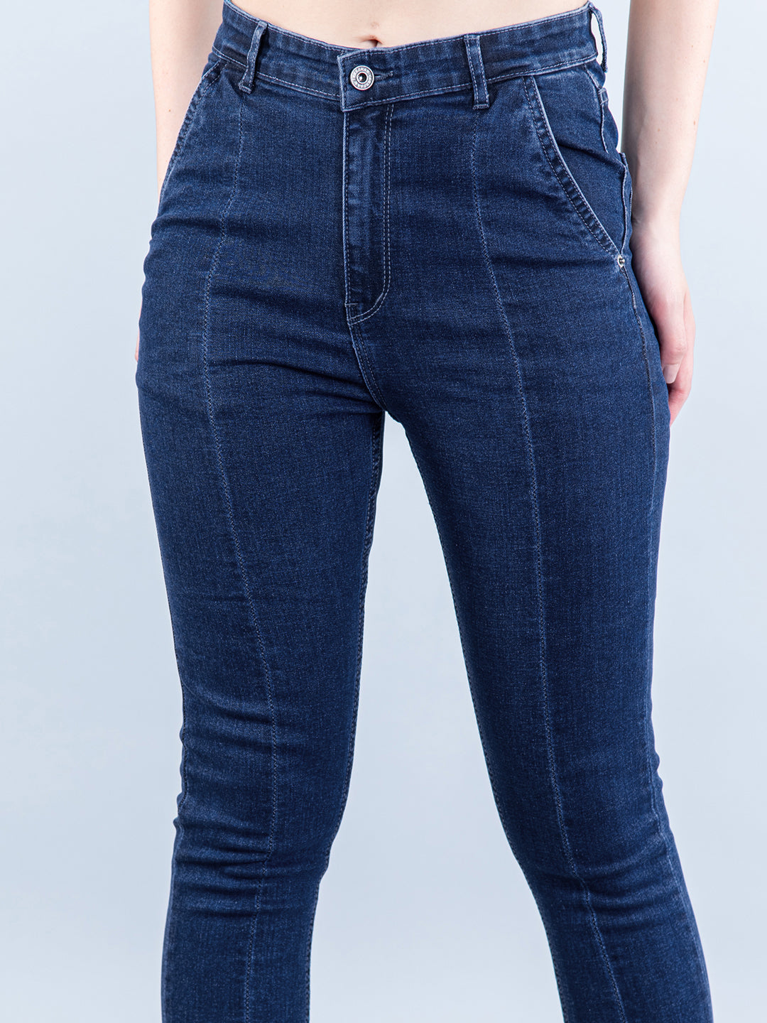 Mid Blue Pleated Skinny Fit Jeans