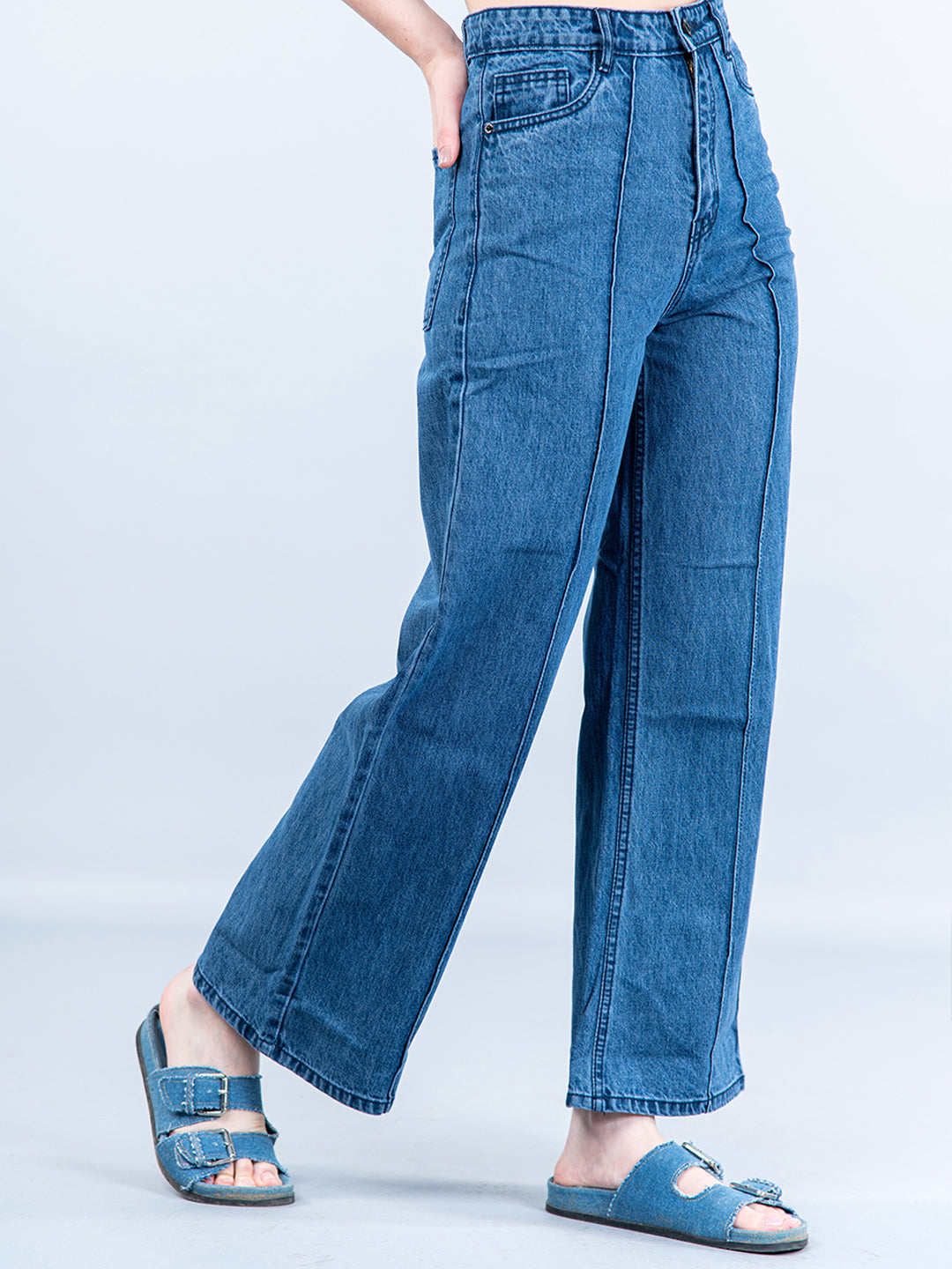 Mid Blue Pleated Flared Jeans