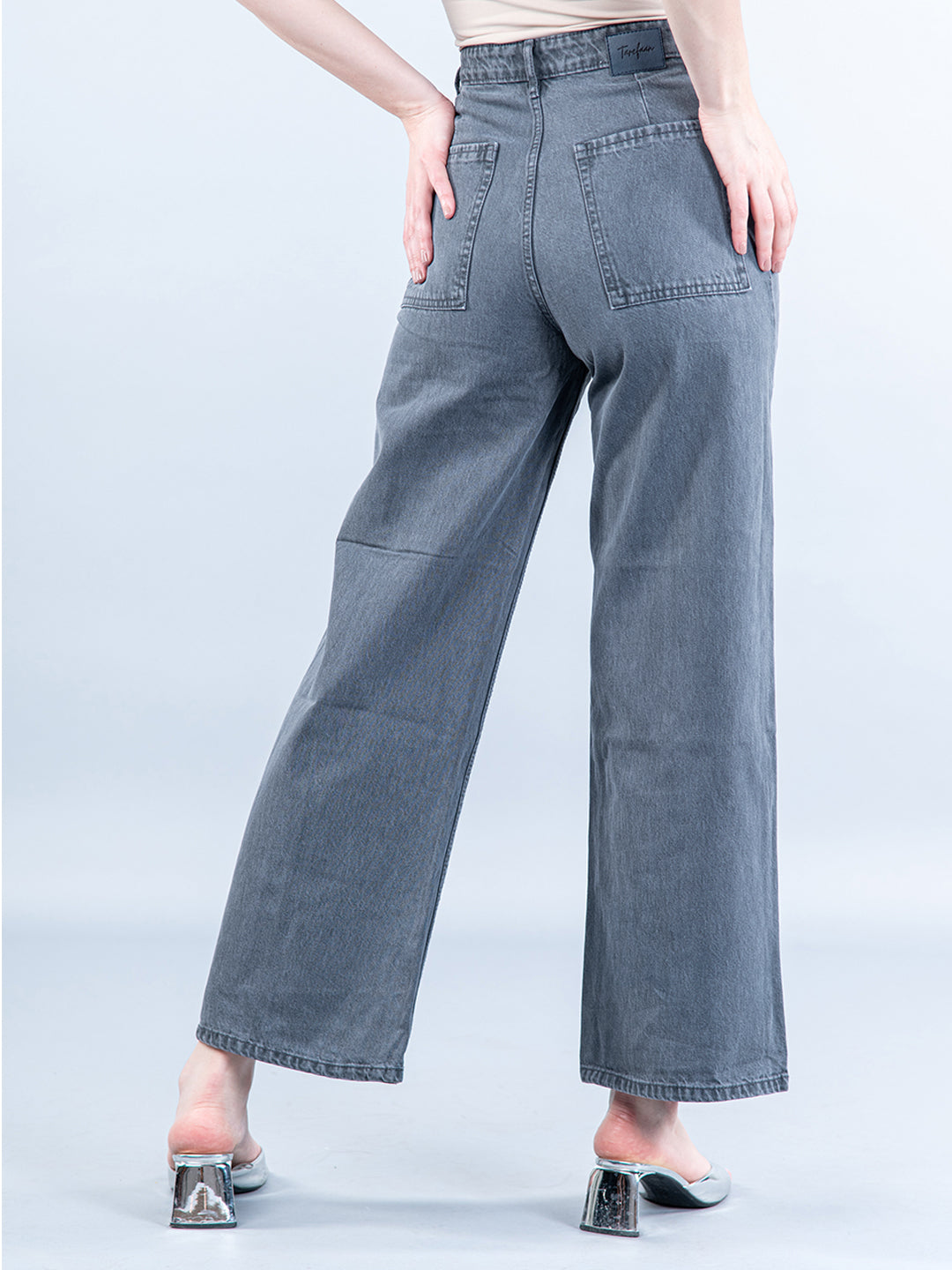 Dark Grey Pleated Flared Jeans