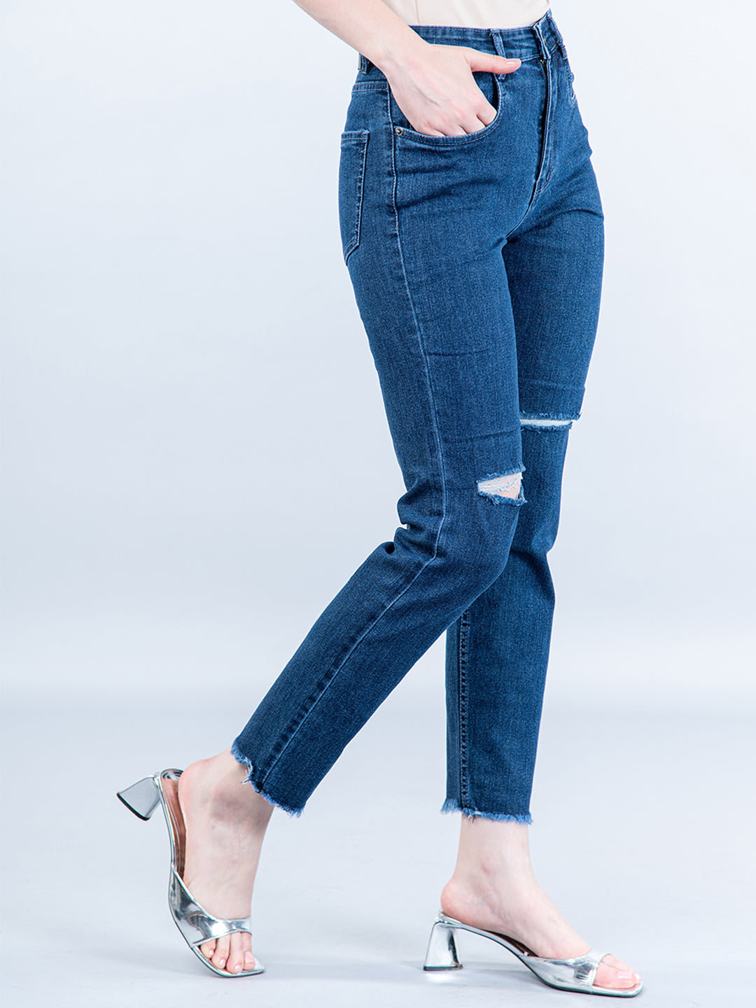 Mid Blue Thigh Cut Jeans