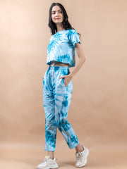 Blue Color Tie-Dye Cotton Crop Top and Jogger Set For Women