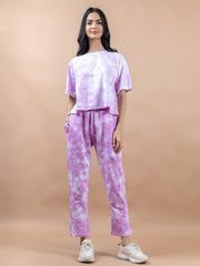 Light Pink Color One Step At A Time Printed Tie-Dye Cotton T-Shirt and Jogger Set For Women