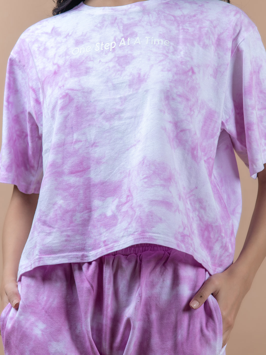 Light Pink Color One Step At A Time Printed Tie-Dye Cotton T-Shirt and Jogger Set For Women