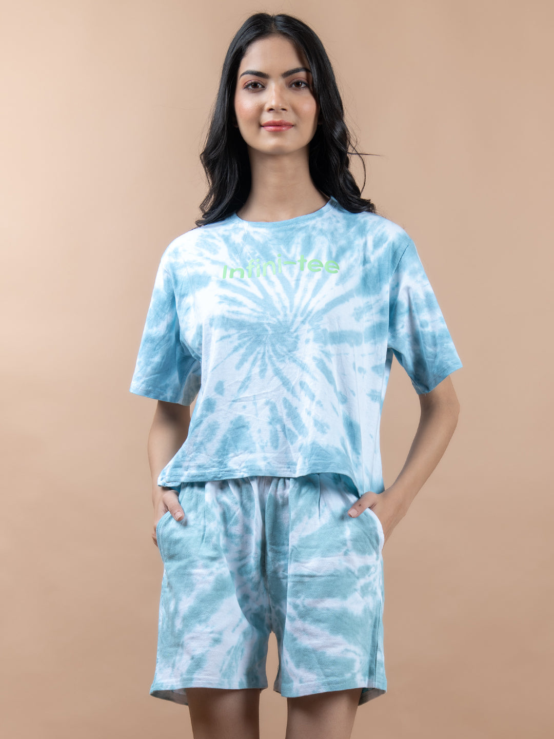Faded Blue Color Infini-tee Printed Tie-Dye Cotton T-Shirt and Shorts Set For Women