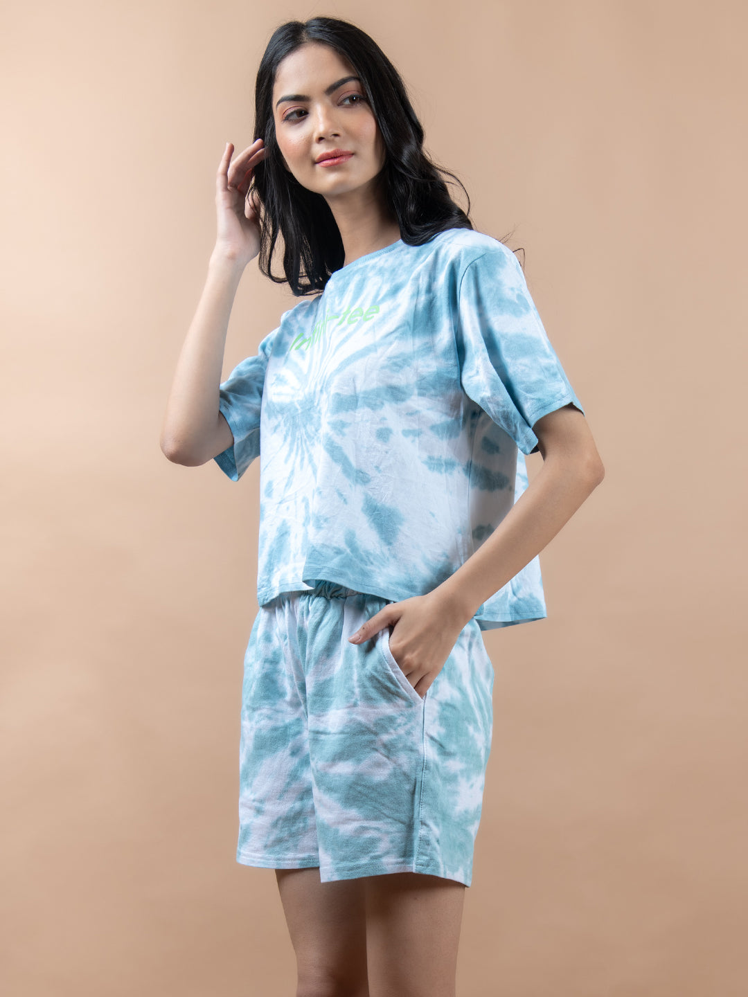 Faded Blue Color Infini-tee Printed Tie-Dye Cotton T-Shirt and Shorts Set For Women
