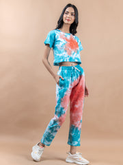 Sky Blue & Orange Color Tie-Dye Cotton Crop Top and Jogger Set For Women
