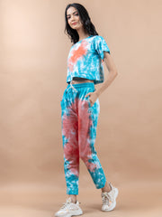 Sky Blue & Orange Color Tie-Dye Cotton Crop Top and Jogger Set For Women