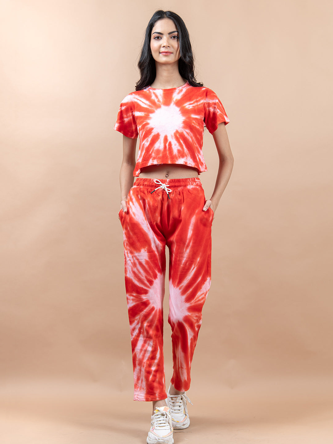 Red Color Tie-Dye Cotton Crop Top and Jogger Set For Women