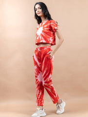 Red Color Tie-Dye Cotton Crop Top and Jogger Set For Women