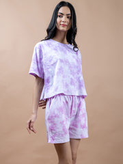 Purple Color Tie-Dye Cotton T-Shirt and Shorts Set For Women