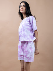 Purple Color Tie-Dye Cotton T-Shirt and Shorts Set For Women