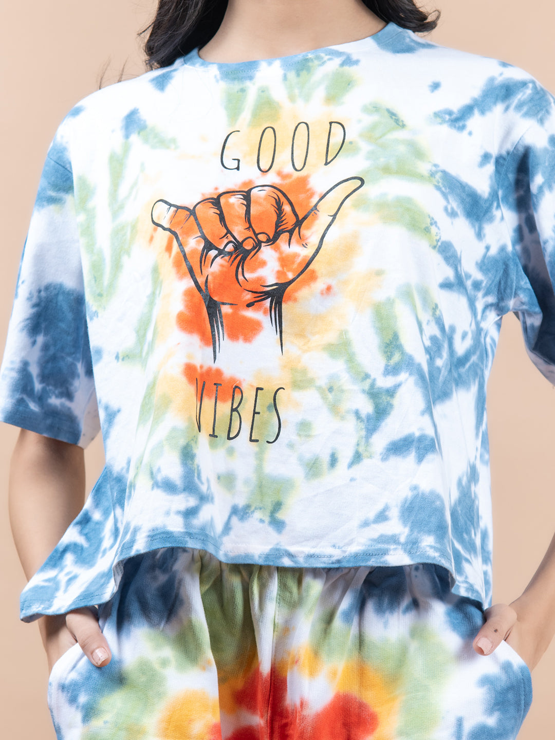 Multicolor Color Good Vibes Printed Tie-Dye Cotton T-Shirt and Shorts Set For Women