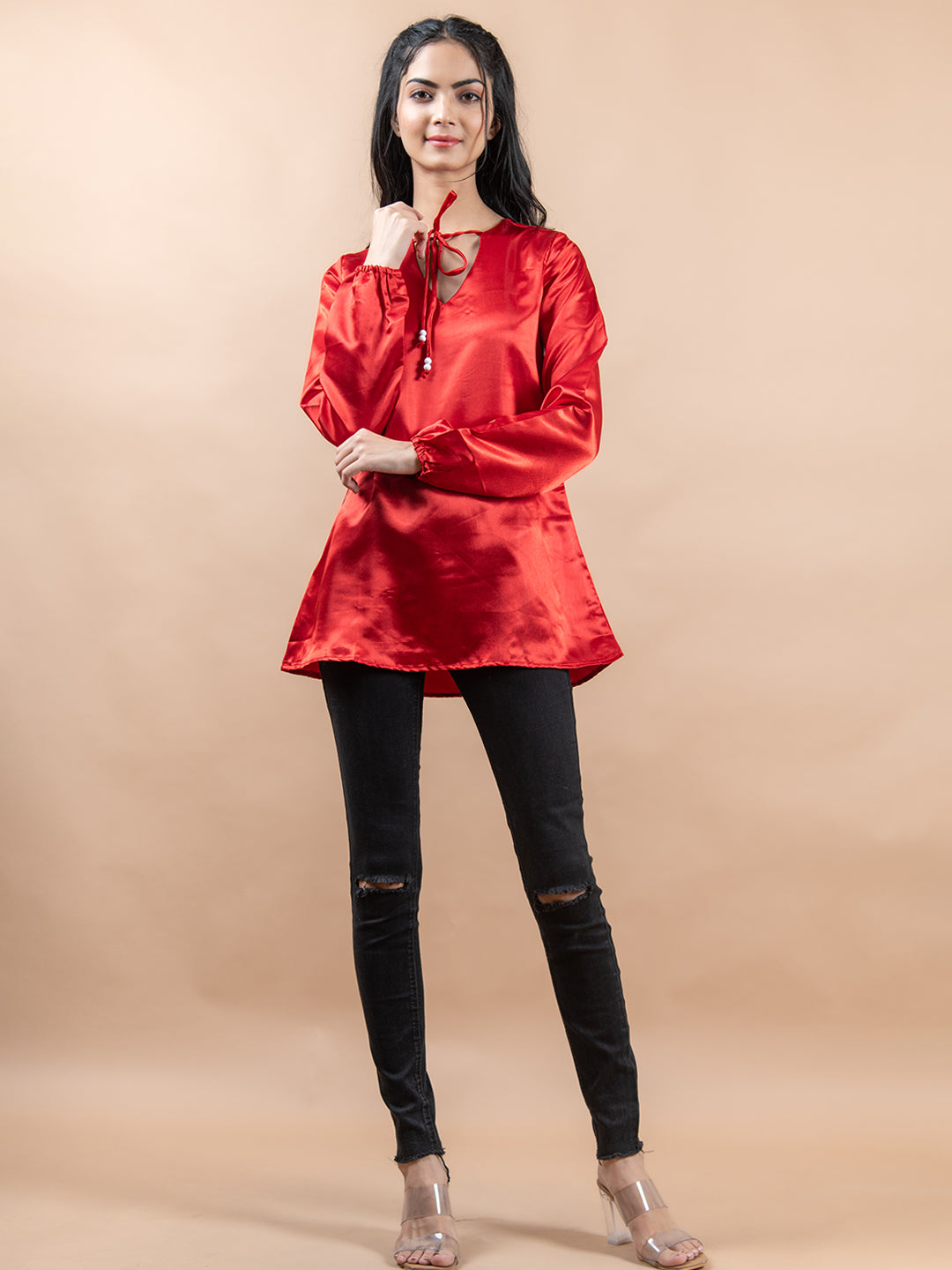 Red Satin Full Sleeves Top