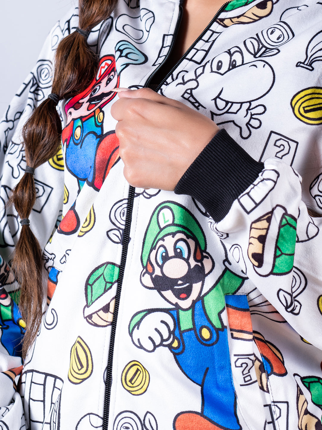 White Super Mario Printed Velvet Jacket