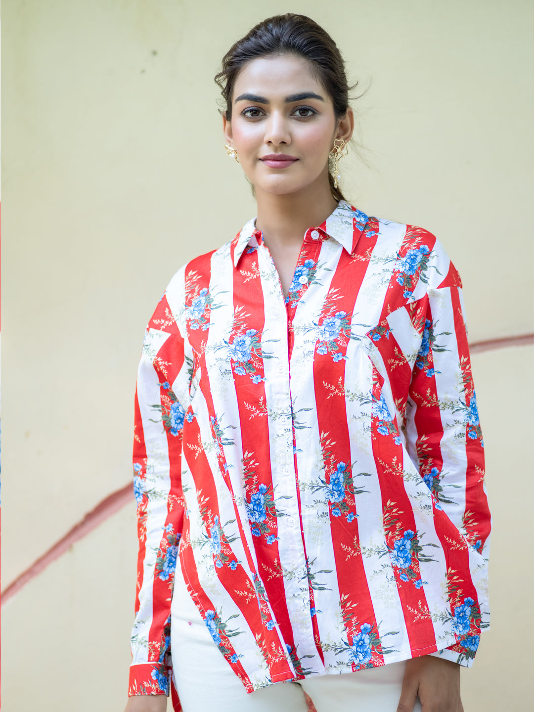 Striped Oversized Floral Cotton Shirt