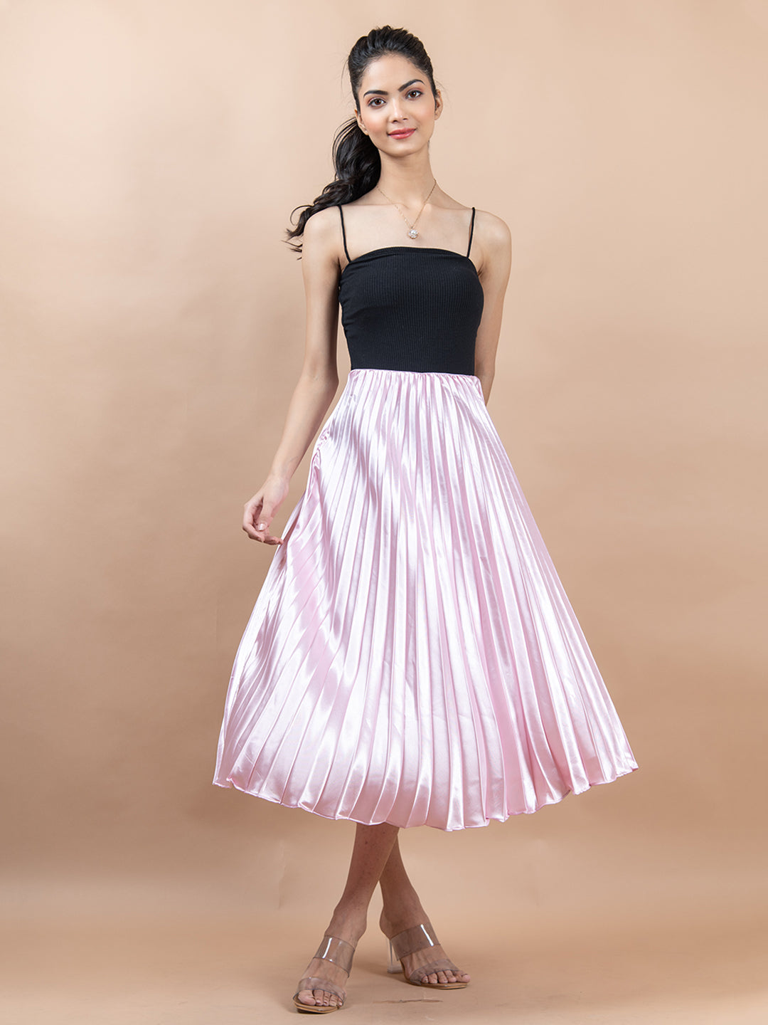 Baby Pink Flared Skirt with Accordion Pleats
