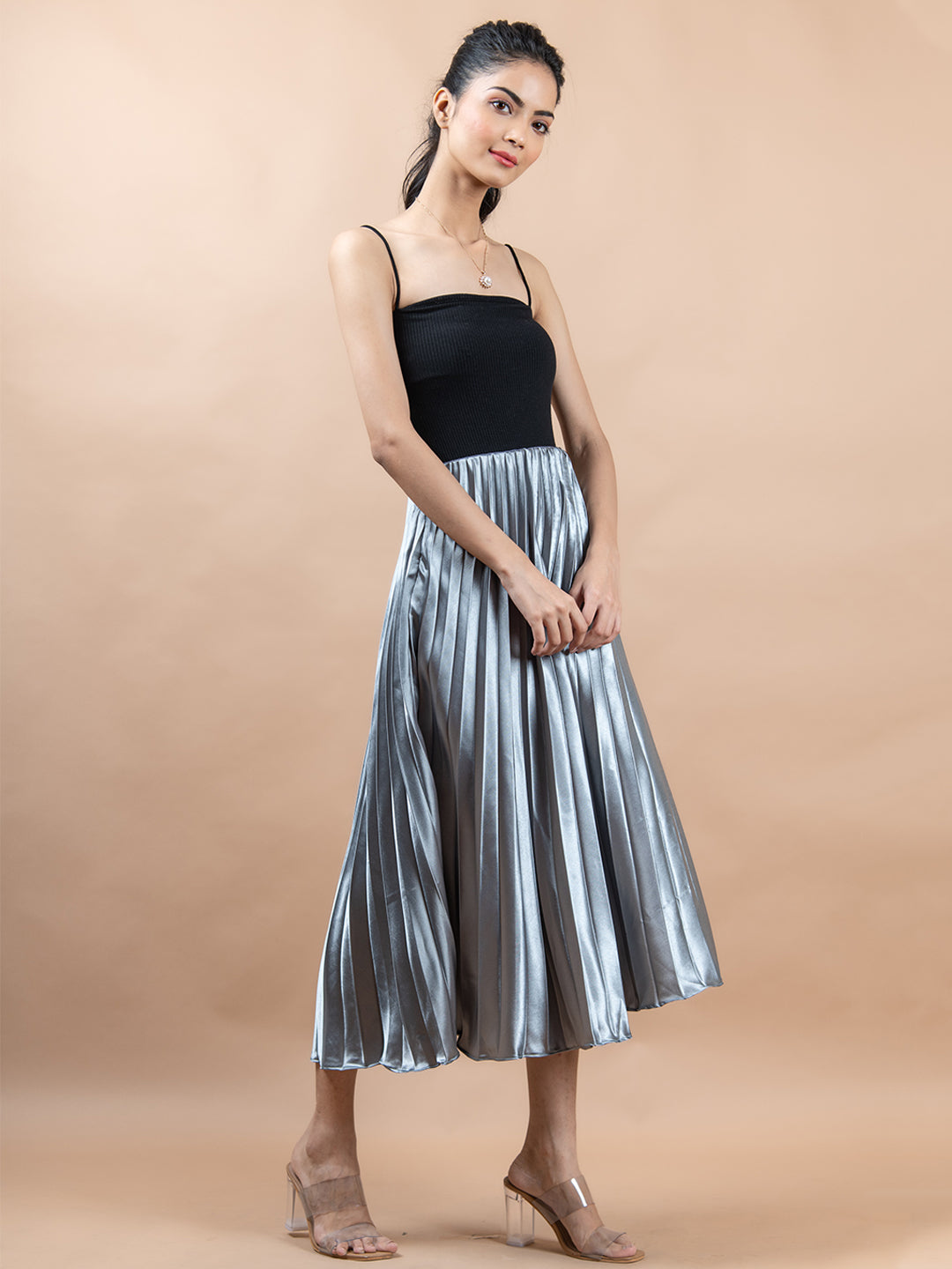 Grey Flared Skirt with Accordion Pleats