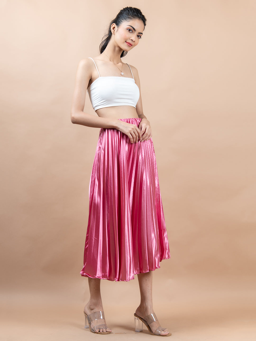 Rosy Pink Flared Skirt with Accordion Pleats