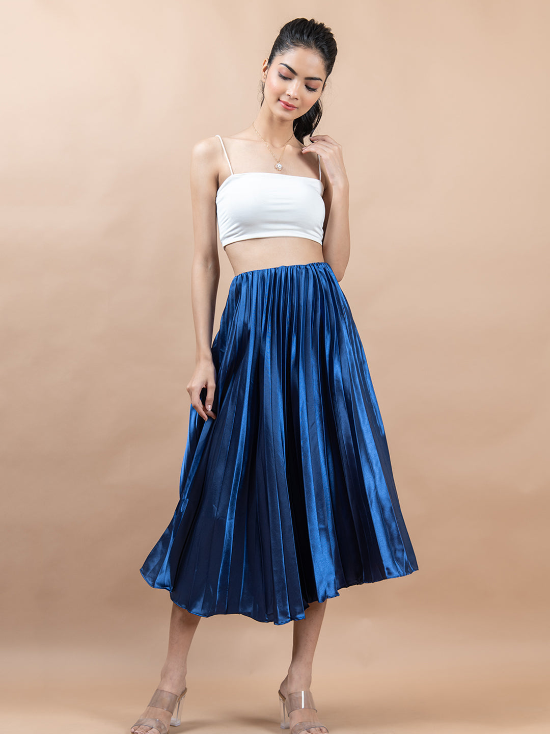 Navy Blue Flared Skirt with Accordion Pleats