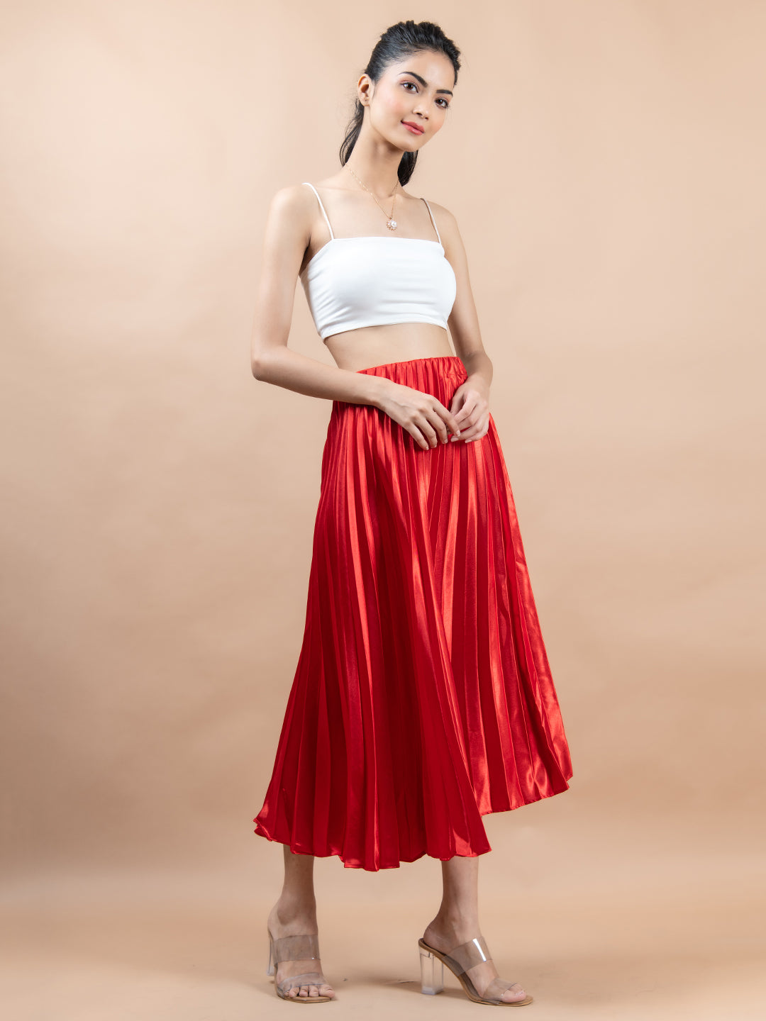 Red Flared Skirt with Accordion Pleats