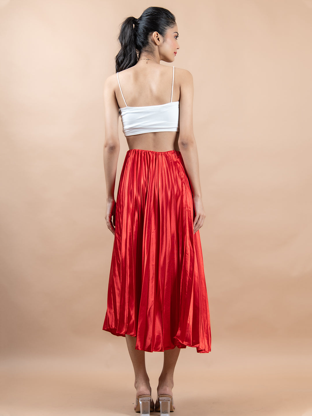 Red Flared Skirt with Accordion Pleats
