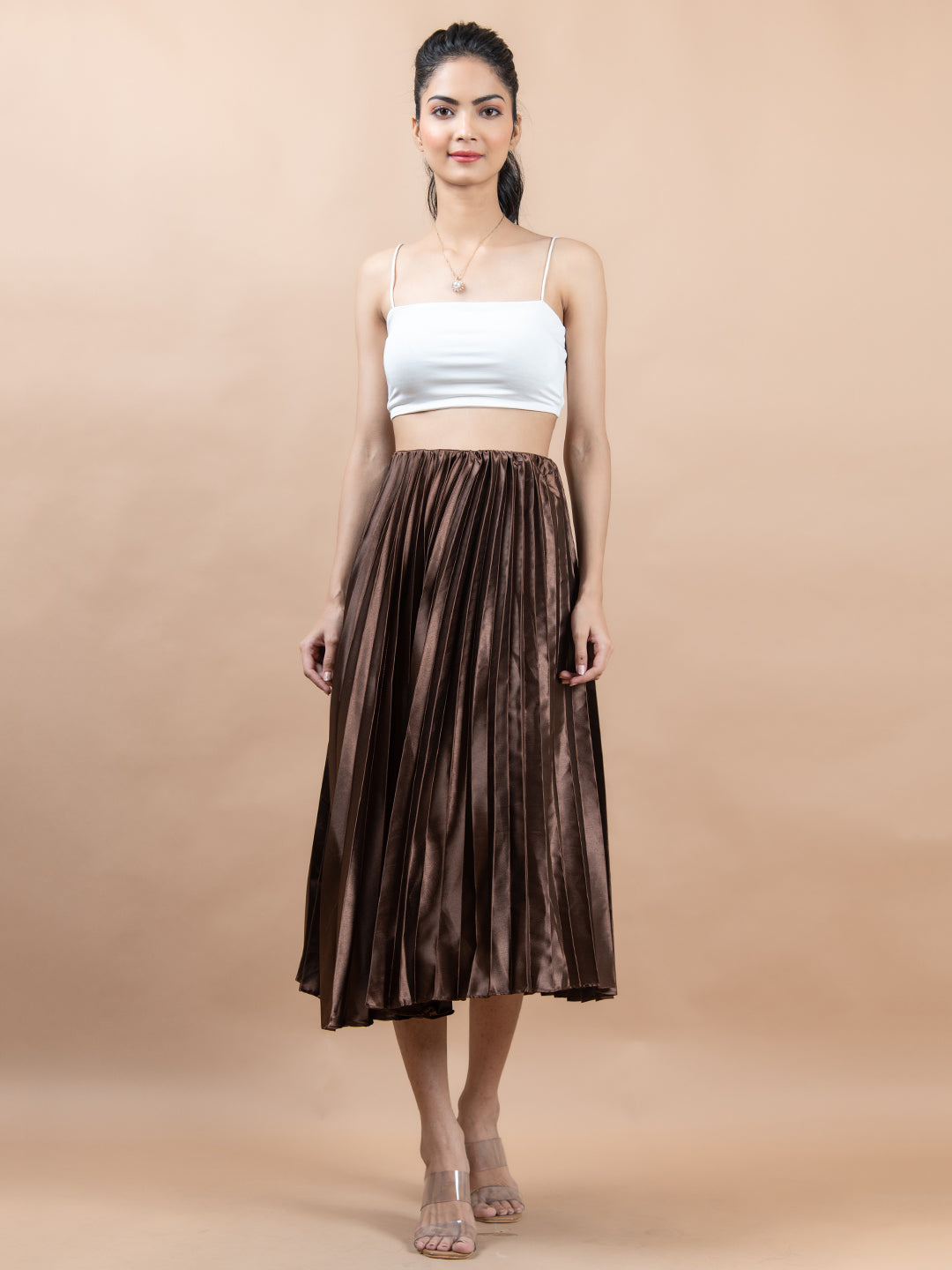 Dark Brown Flared Skirt with Accordion Pleats