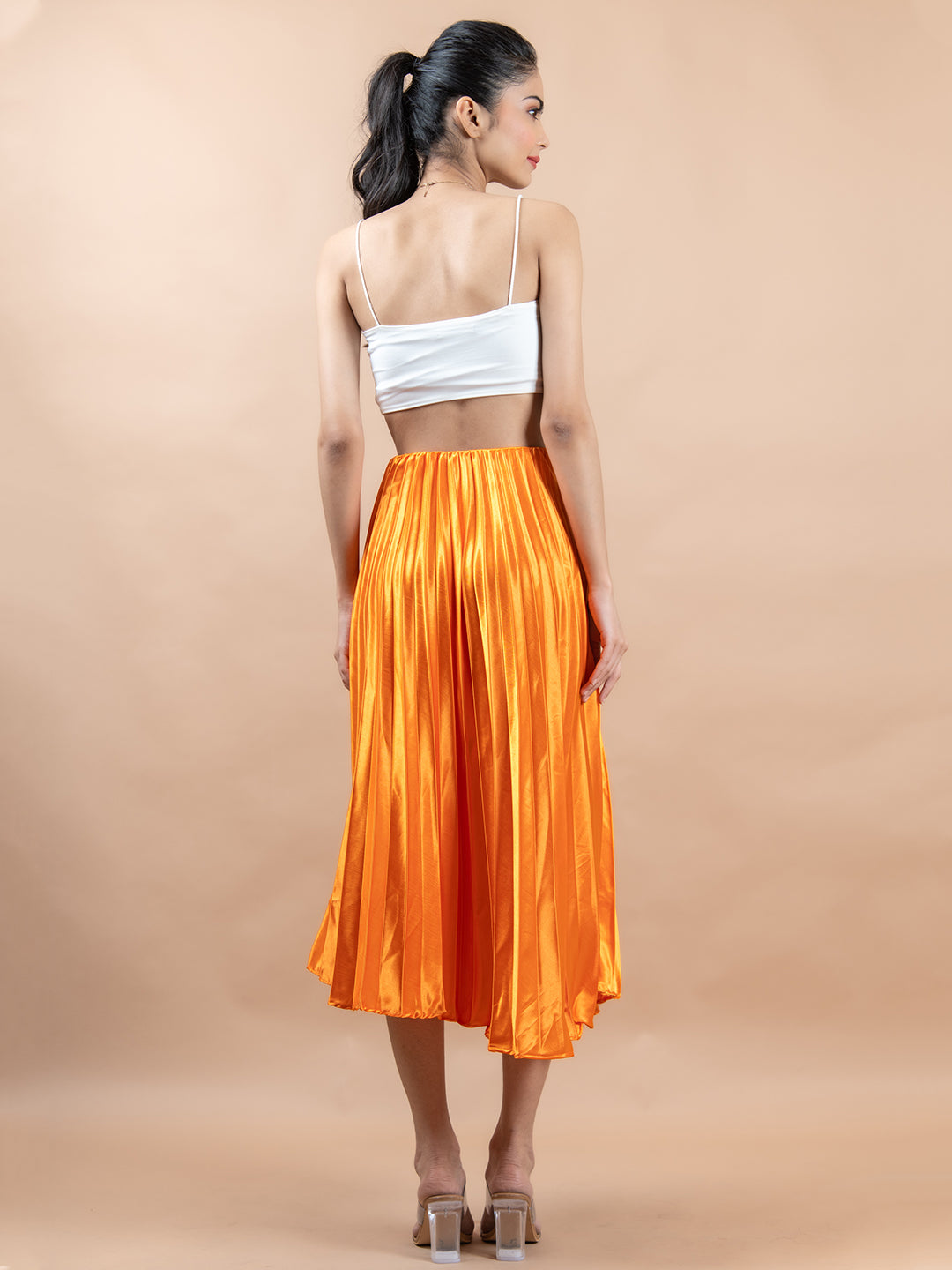 Orange Flared Skirt with Accordion Pleats