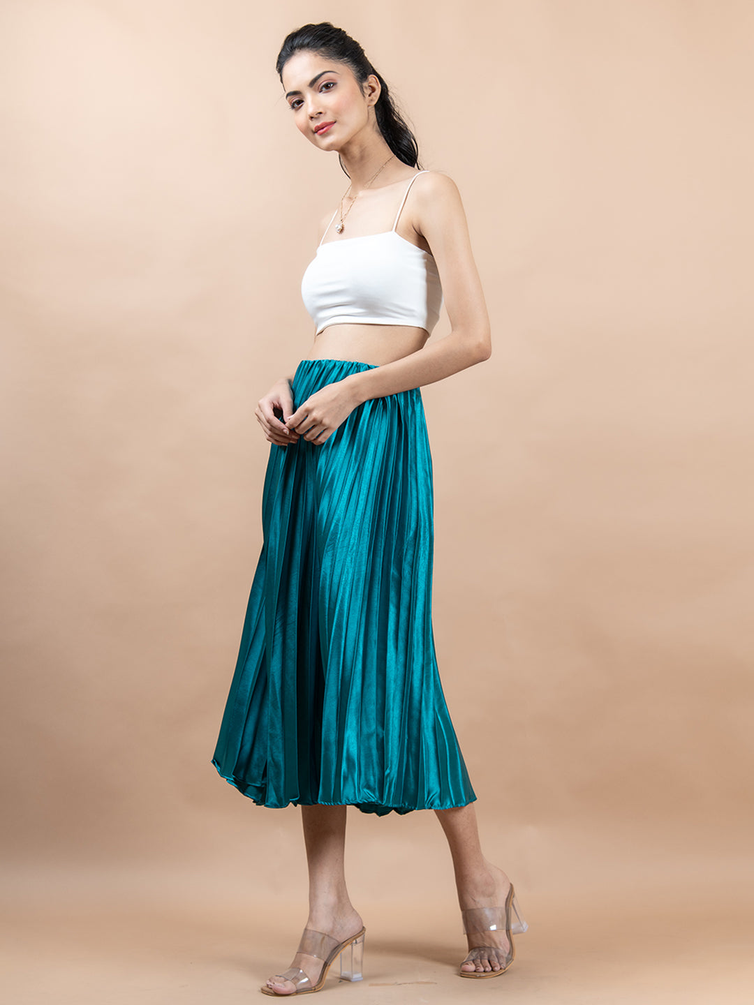 Sea Green Flared Skirt with Accordion Pleats