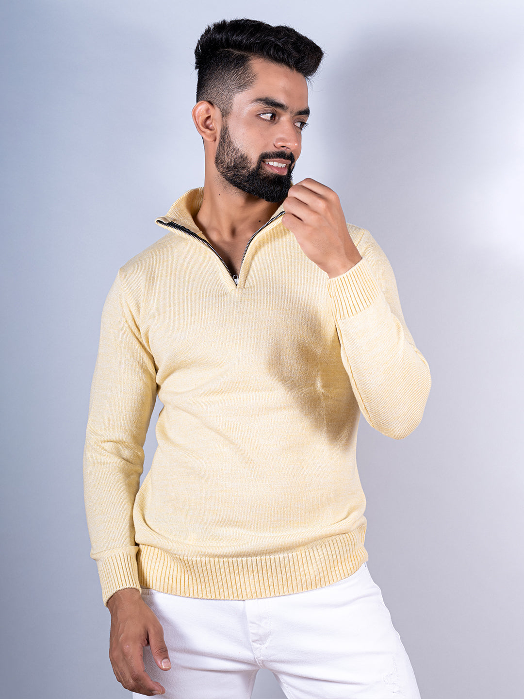 Yellow Color Classic Zipper Sweater